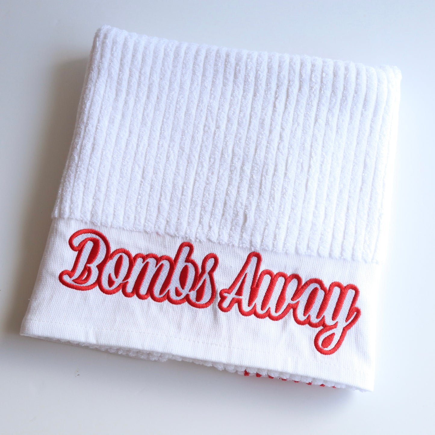 White/Red Bombs Away caddy golf towel