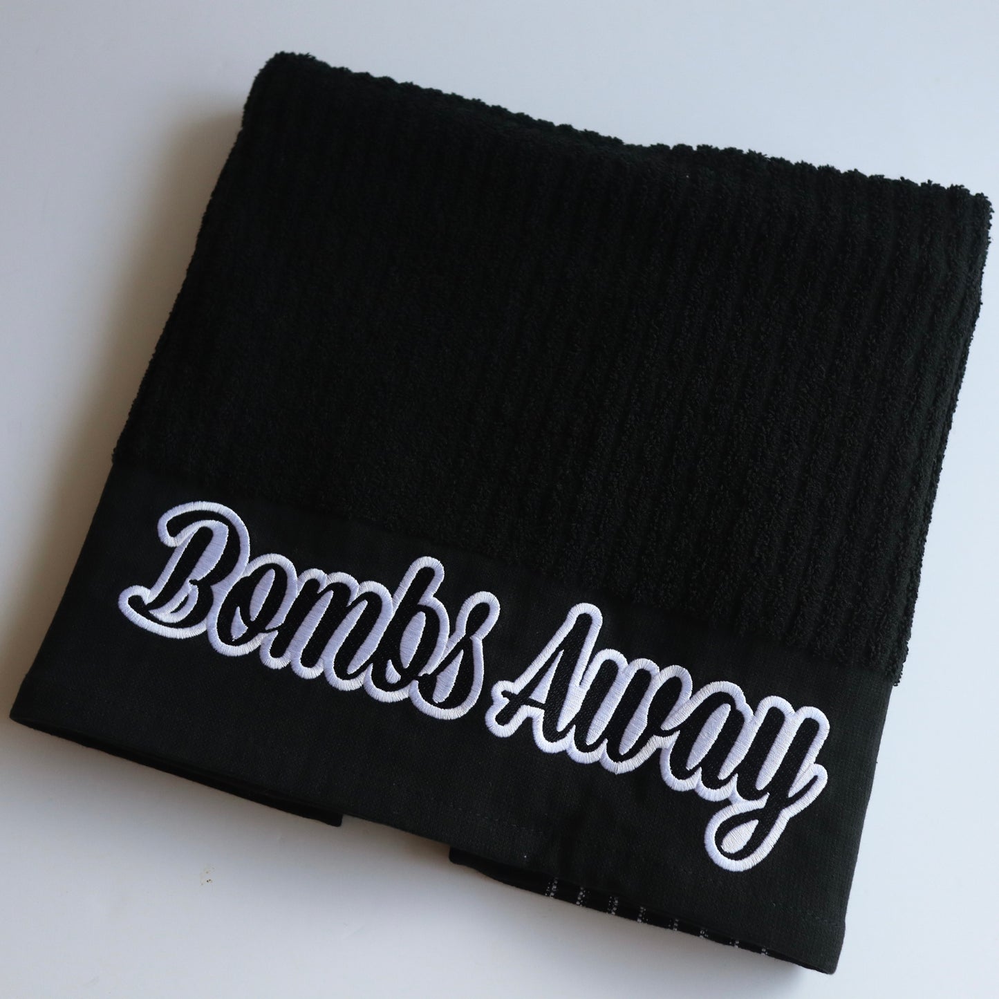 Black/White Bombs Away caddy golf towel