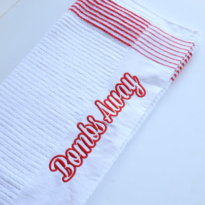White/Red Bombs Away caddy golf towel